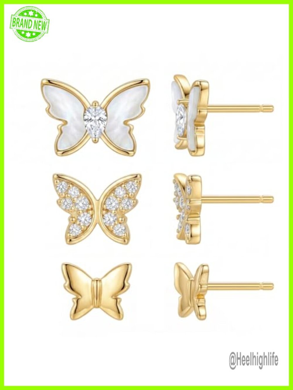 14K Gold Plated Sterling Silver Butterfly Stud Earring Set Mother of Pearl Pave